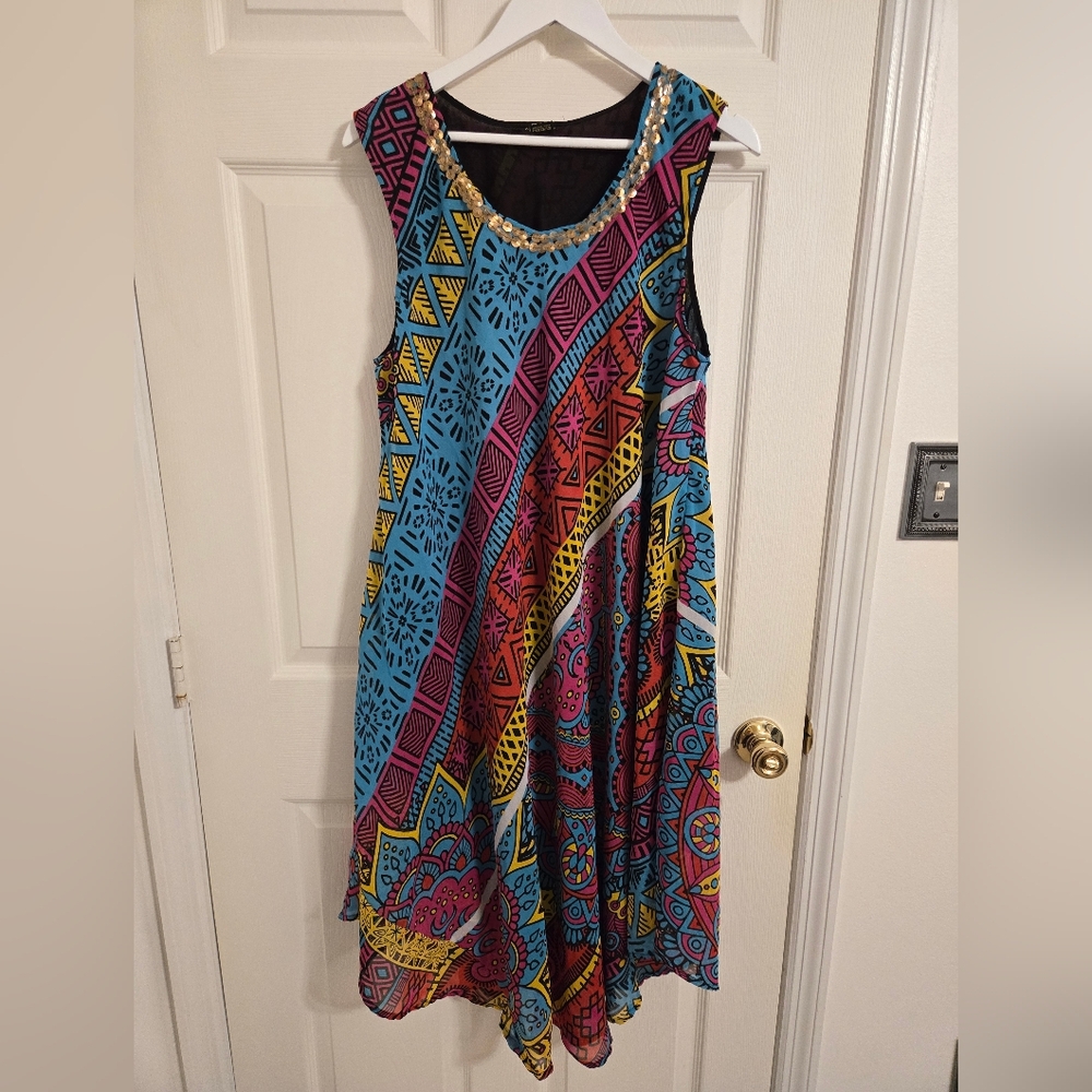 Ana & Rose Pink And Blue Colorful Geometric Pattern Dress Sleeveless One Size